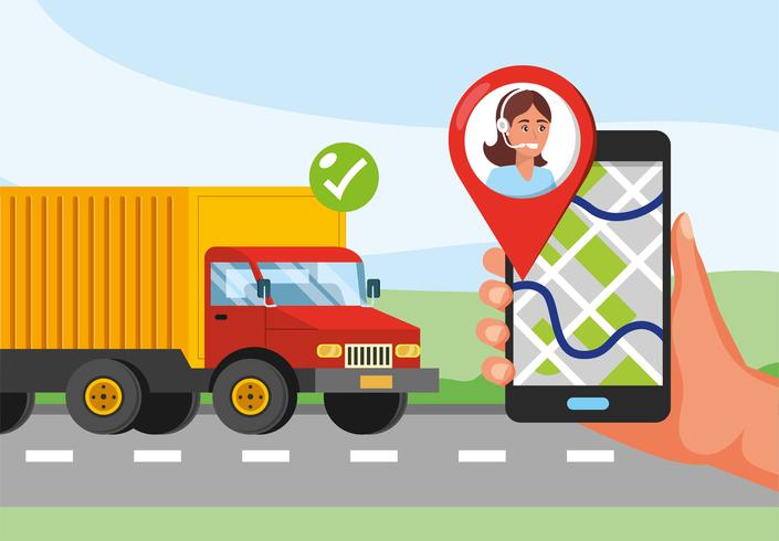 Trucking service with hand holding phone with gps location  vector