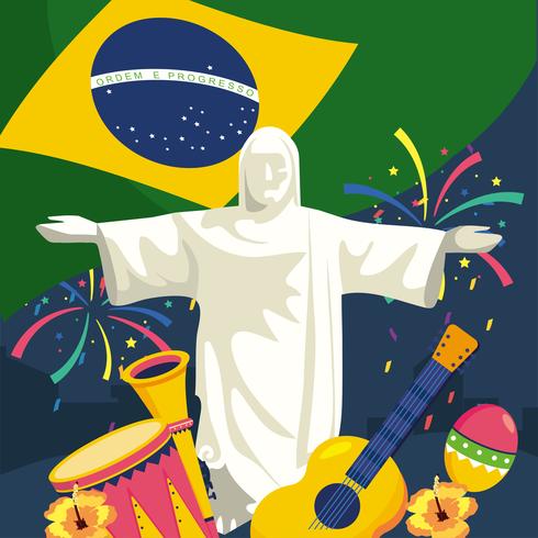 Christ redeemer statue with Brazilian flag and objects  vector