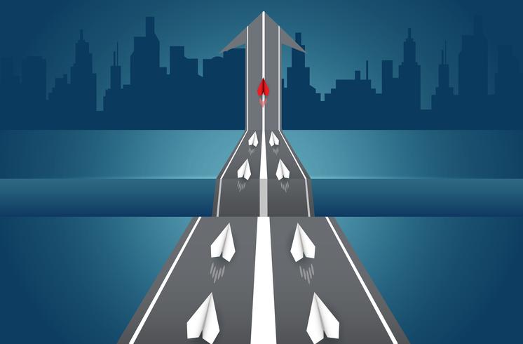 Paper planes are competing on road go to a destination vector