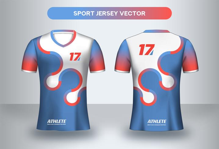 Circular blue and red football Jersey design. Uniform t-shirt front and back view. vector