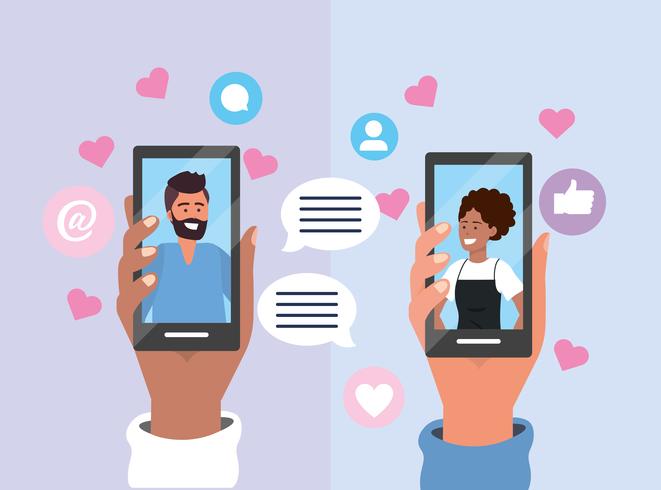 Two people holding smartphones with chat bubbles vector