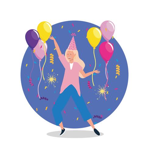 Woman dancing with balloons and party hat  vector