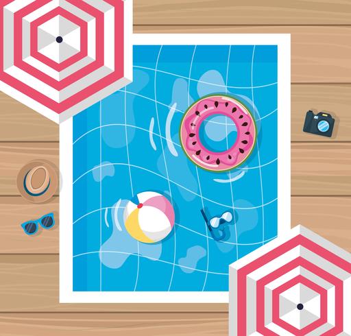 Aerial view of pool with umbrellas and pool toys vector