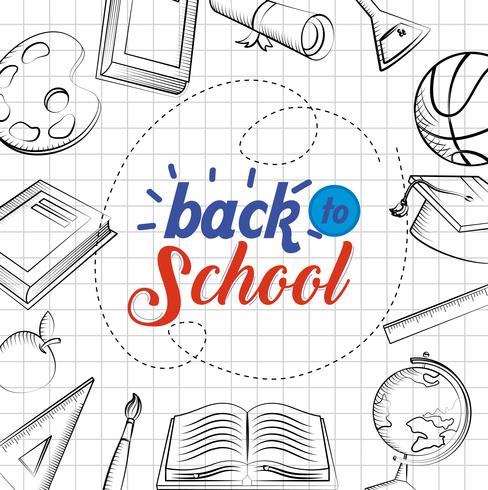 Back to school poster with drawings on graph paper vector