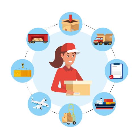 Delivery woman surrounded by delivery icons  vector