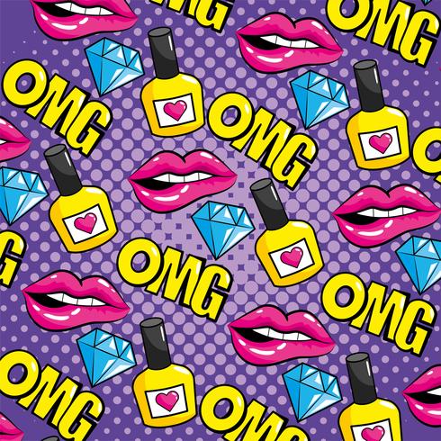 Pop art labios y omg mensaje de patrones sin fisuras vector