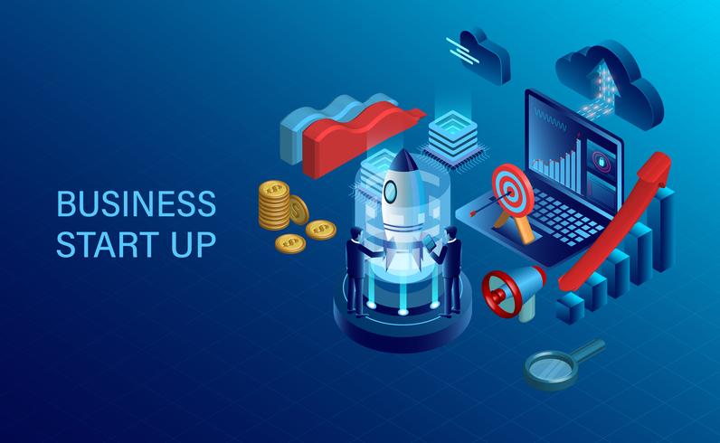 startup concept with business men, rocket, laptop and other business items