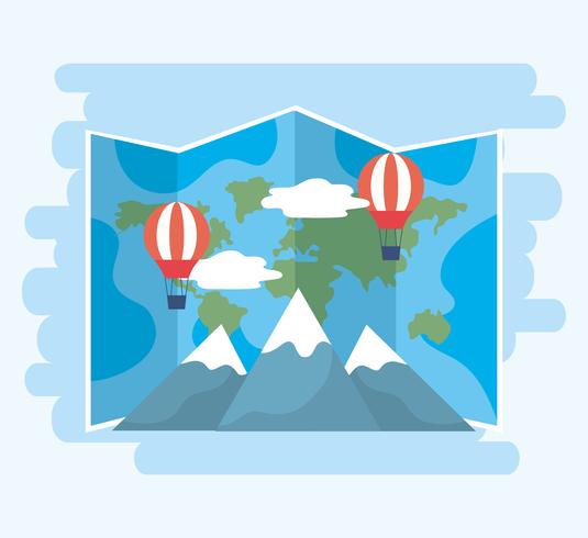 Global map with hot air balloons and mountains vector