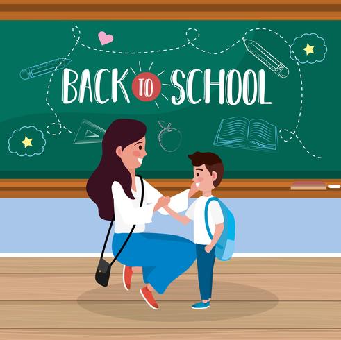 Back to school poster with mother and son  vector