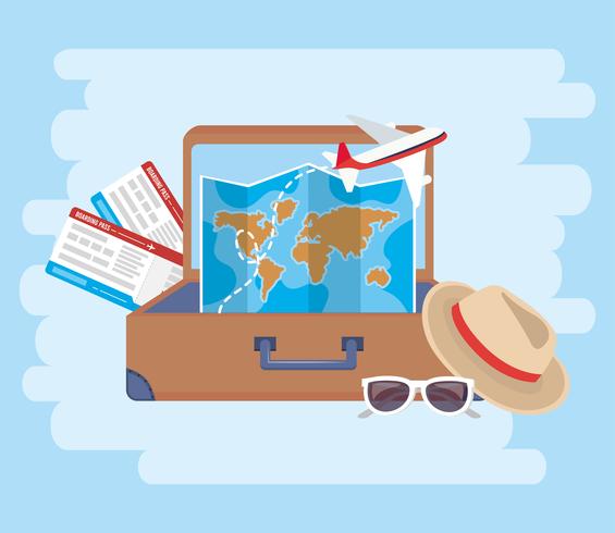 Airplane tickets  with and map inside suitcase vector