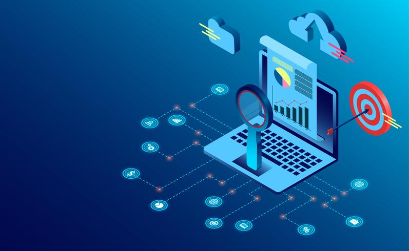 Portátil con lupa, objetivo y elementos empresariales vector