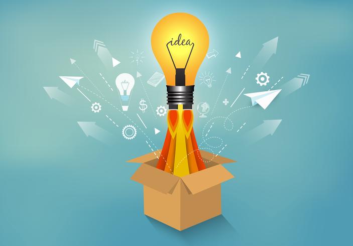 lightbulb and icons ejected from box on blue background vector