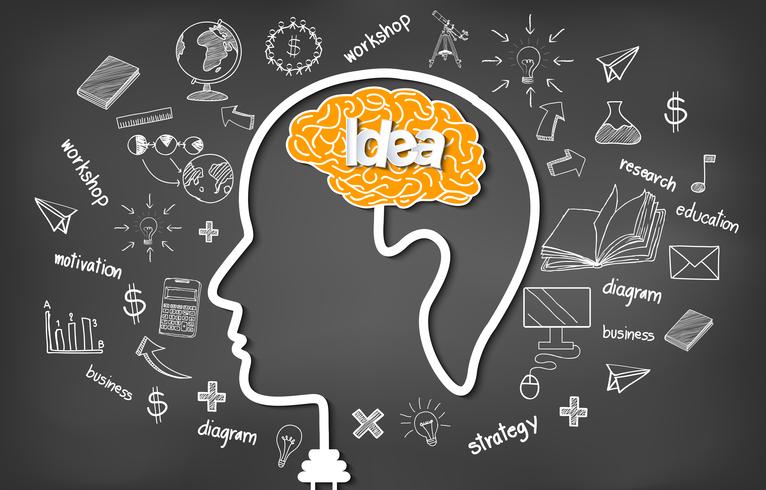 Human brain in head on blackboard background with doodles vector