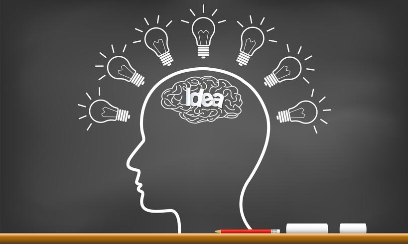 human brain in head with multiple light bulb sparking idea in business on blackboard vector