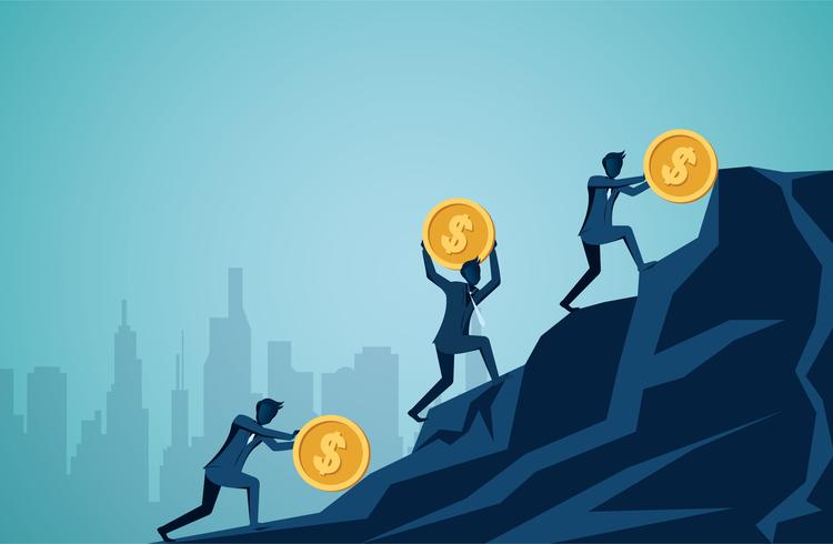 Businessman rolling and pushing dollar coins uphill on the mountain  vector