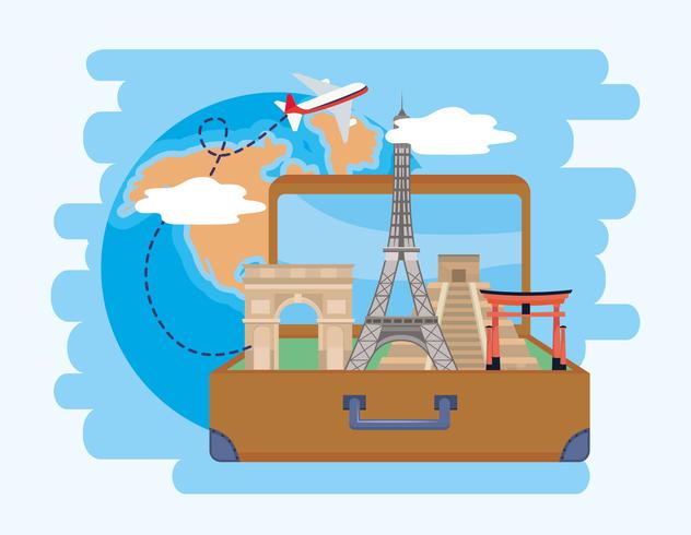 Travel montage with famous landmarks in suitcase vector