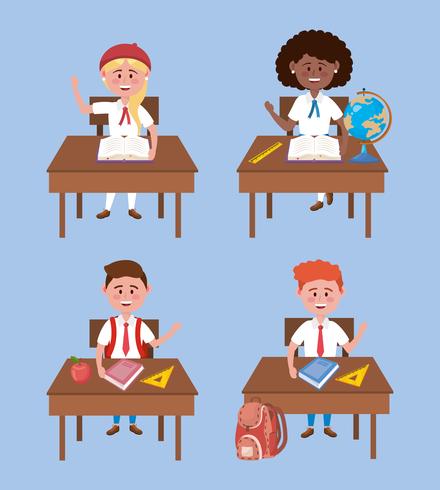 Set of girl and boy students in uniforms at desks  vector