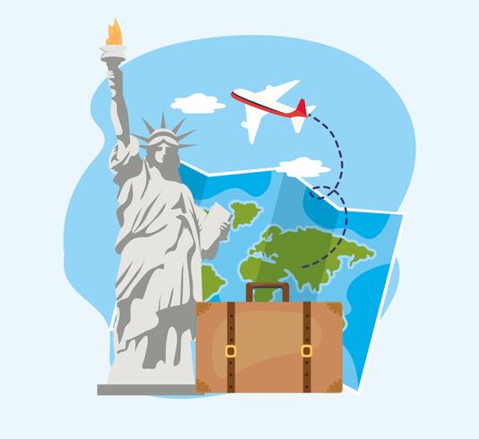 Statue of liberty with global map and suitcase vector