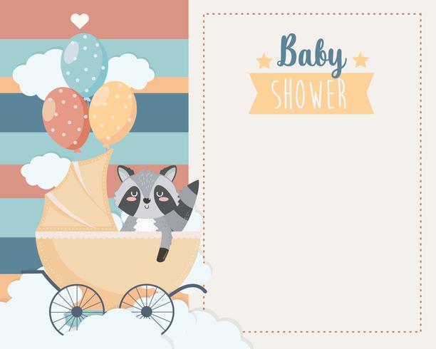 Tarjeta de Baby Shower con mapache en carro vector