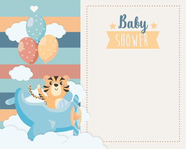 Tarjeta de Baby Shower con tigre en avión vector