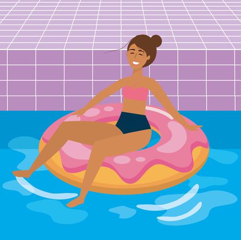 Mujer sentada en flotador de piscina donut vector