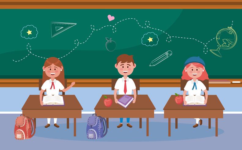 Girl and boy students at desks in classroom  vector
