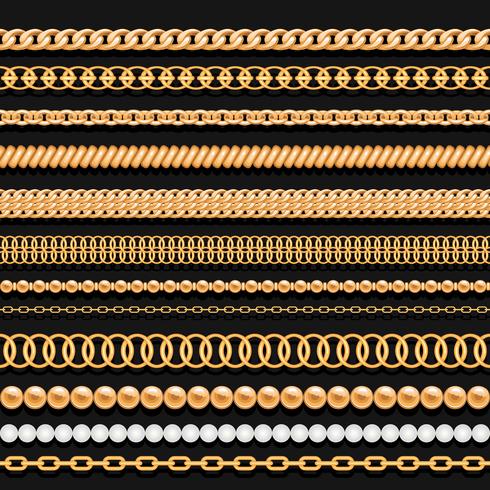 Set of gold chains beads and ropes on black. Seamless brushes for design. vector