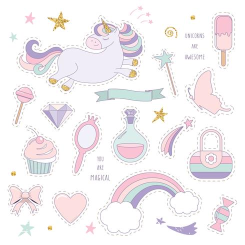 Unicorn magic set with rainbow, stars and sweets. vector