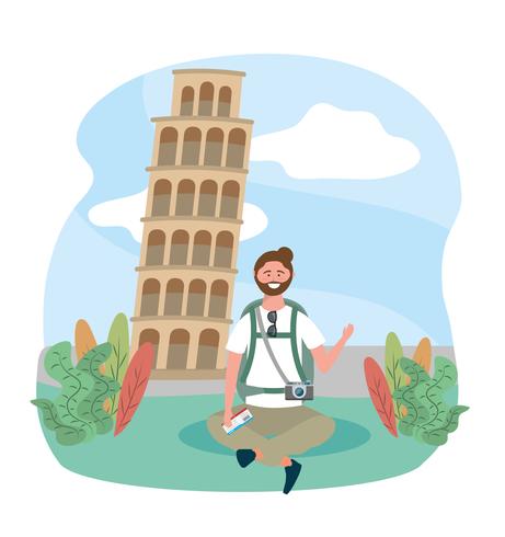 Male tourist sitting in front of leaning tower of pisa  vector