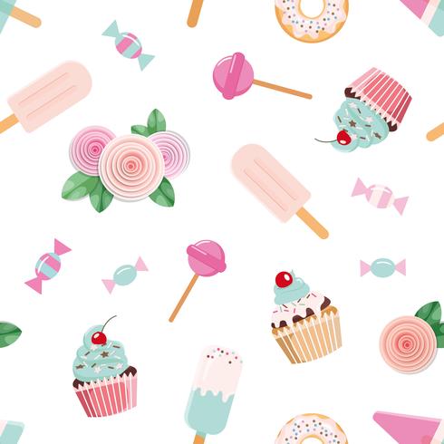 Festivo de patrones sin fisuras con flores y dulces en rosa pastel y azul. vector