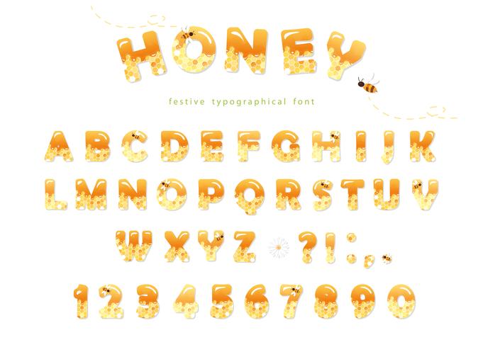 Honey font design. Glossy sweet ABC letters and numbers isolated on white. vector