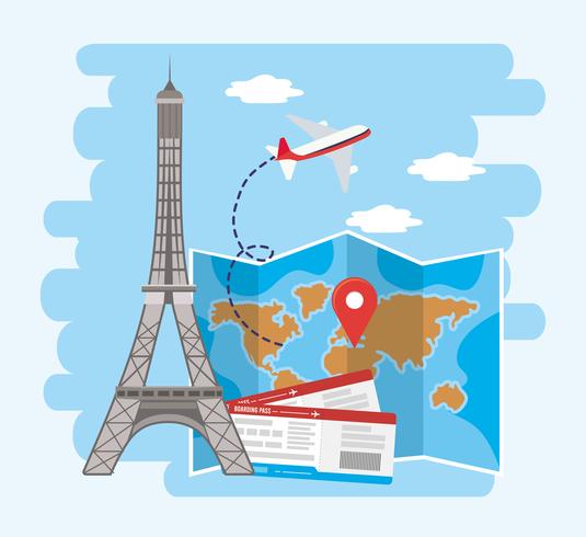 Eiffel tower with global map location and airplane tickets  vector