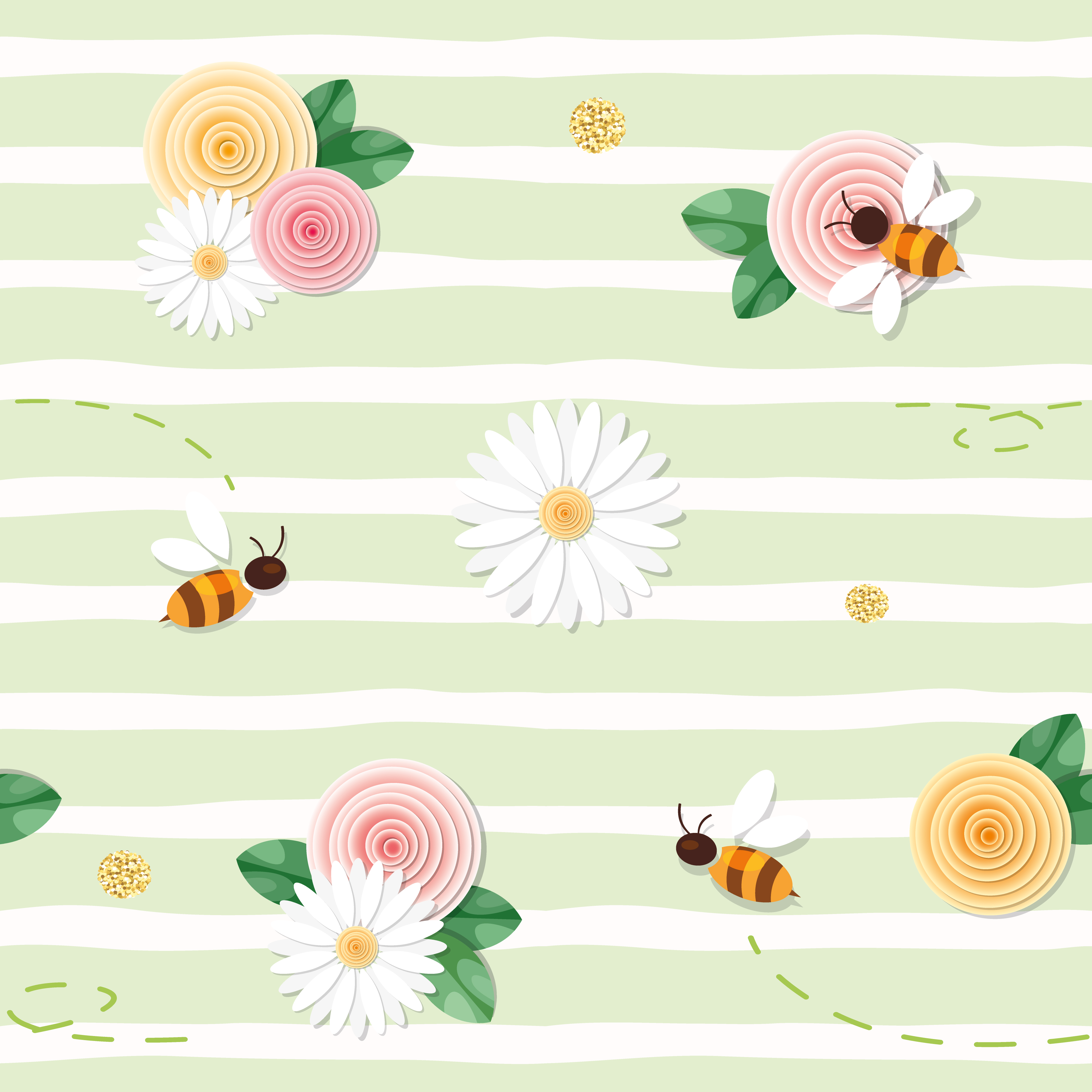 Summer Floral Seamless Pattern Roses Chamomiles Flying Bees On Stripped Green Background 670766 Vector Art At Vecteezy