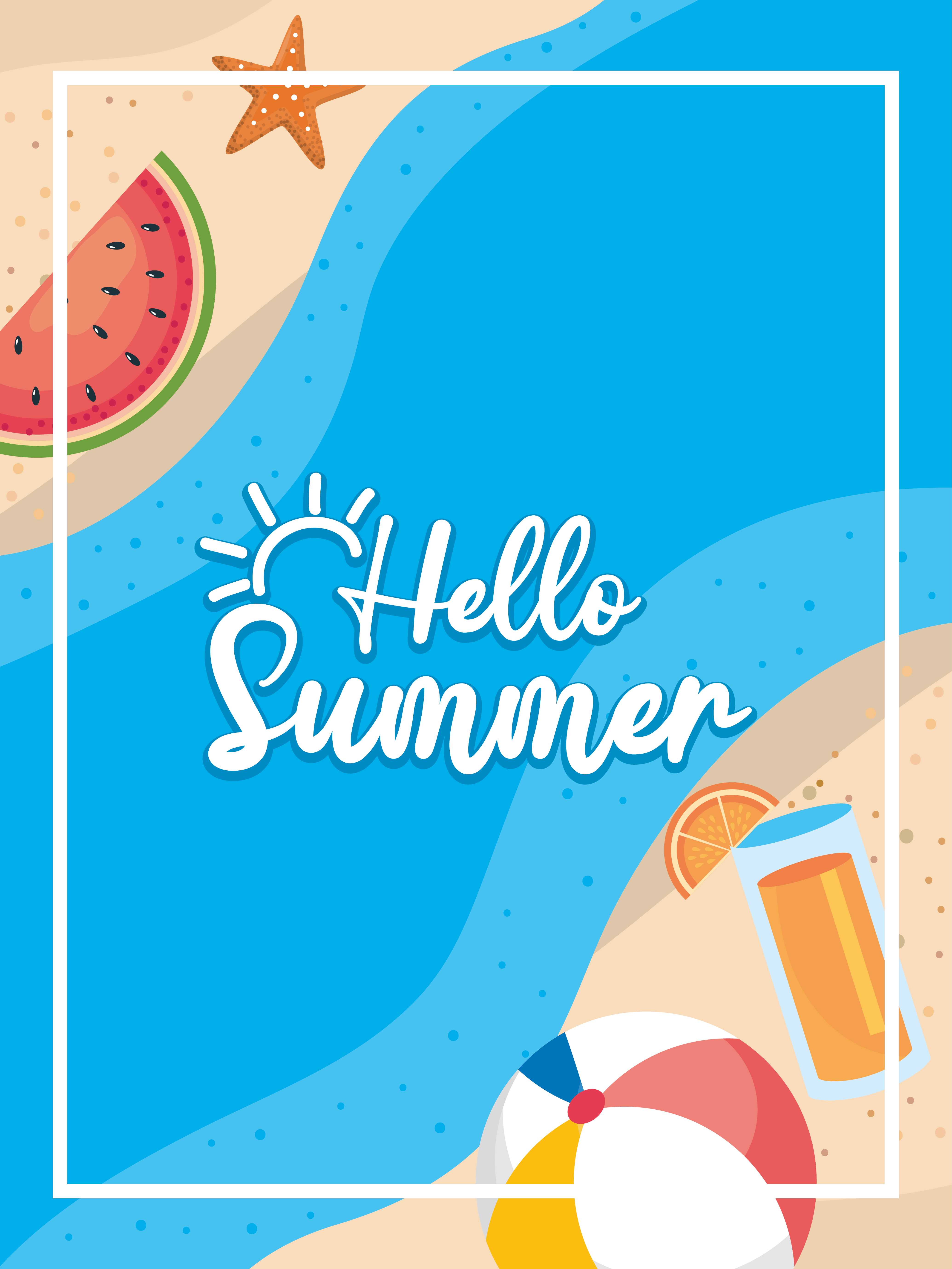 Hello summer poster with beach sand and watermelon 670771 vector art at
