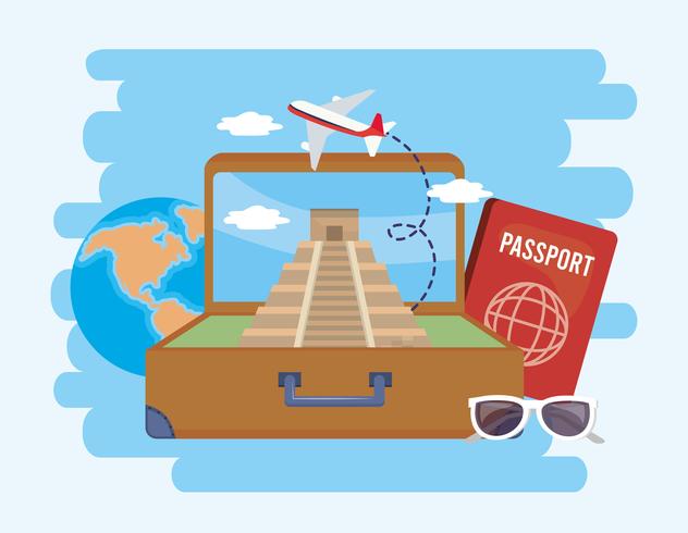 Suitcase with temple of inscriptions and passport with airplane  vector