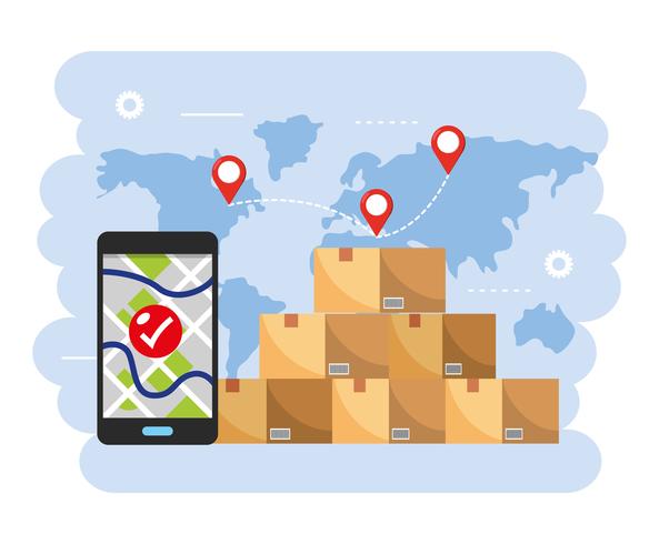 Stack of boxes with smartphone with location tracking vector