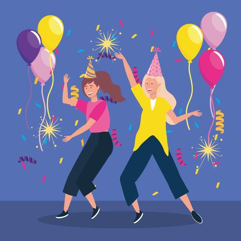 Women dancing with party hats and balloons  vector