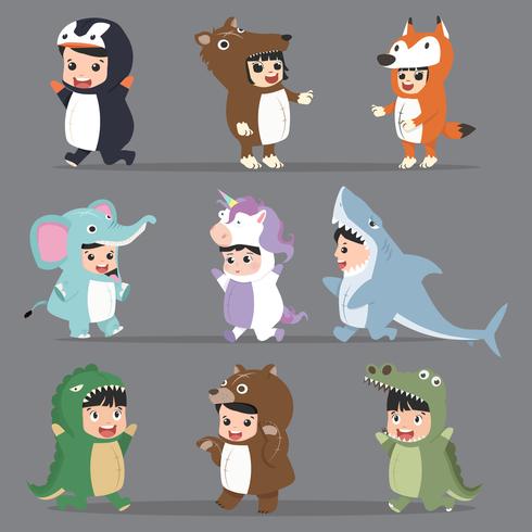 kid characters in Animals costumes Set vector