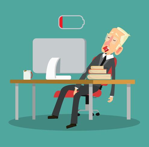 Tired businessman with desktop computer and coffee vector