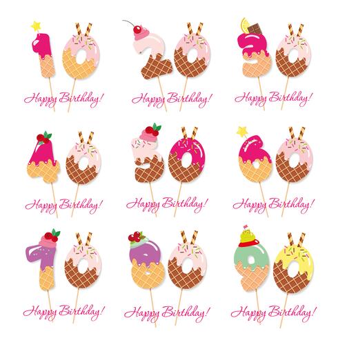 Birthday anniversary set. Festive sweet numbers from 10 to 90. vector