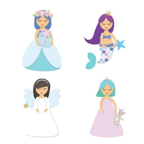 Pequeña princesa linda, sirena, personajes de dibujos animados de ángel conjunto aislado en blanco. vector