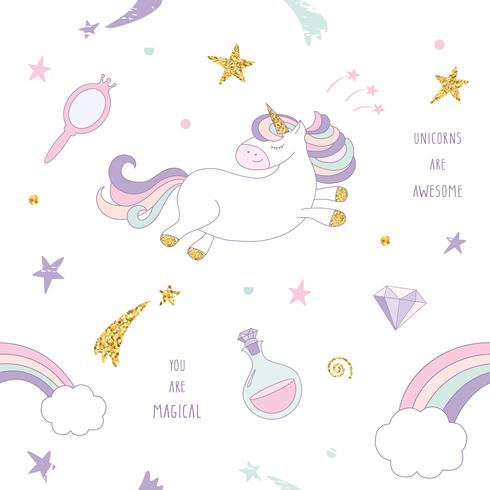 Unicorn magic seamless pattern background with rainbow, stars and diamonds. vector