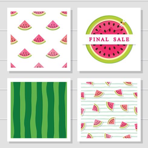 Watermelon design elements set. Seamless patterns and sale icon vector