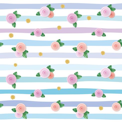 Seamless pattern with roses and gold glitter polka dots on striped background. vector