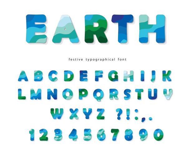 Fuente moderna del paisaje de tierra. Letras y números ABC azules y verdes aislados en blanco vector