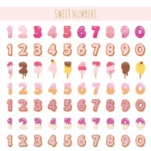 Números dulces en rosa pastel. Diferentes texturas: helado, chocolate, galleta, piruleta. vector