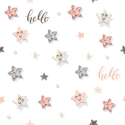 Fondo decorativo de moda de patrones sin fisuras con estrellas y confeti de brillo. vector