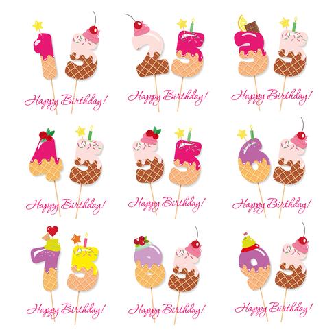 Birthday anniversary set. Festive sweet numbers from 15 to 95. vector