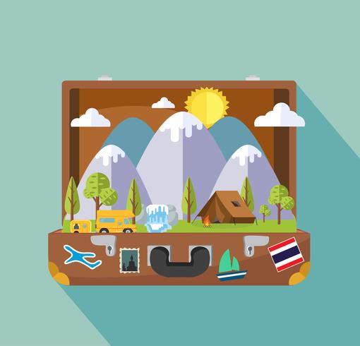 Open suitcase with Camping and Traveling Objects vector