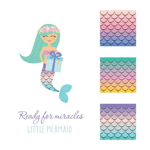 Cute mermaid with birthday present box and scale pattern set. vector